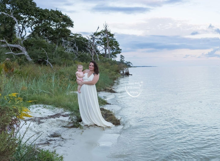 Hazel Maternity Photoshoot Dress | Vintage Cream Rayon Gown, Halter, Smocked back, One Size - Chicaboo