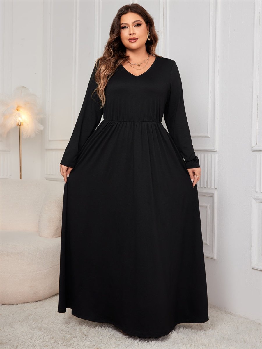 Honey Plus Size Cutout V - Neck Long Sleeve Maxi Dress - Chicaboo