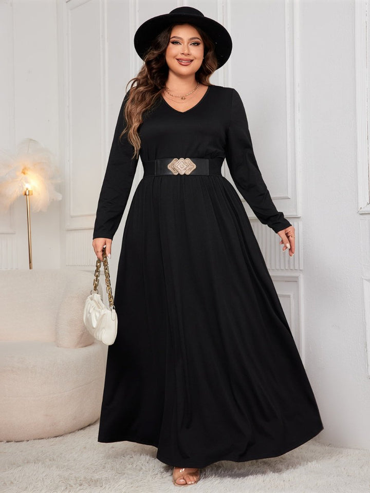 Honey Plus Size Cutout V - Neck Long Sleeve Maxi Dress - Chicaboo