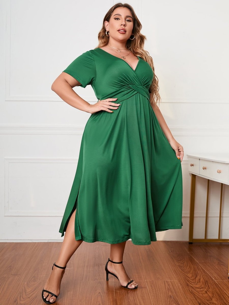 Honey Plus Size Short Sleeve Surplice Neck Midi Dress - Chicaboo