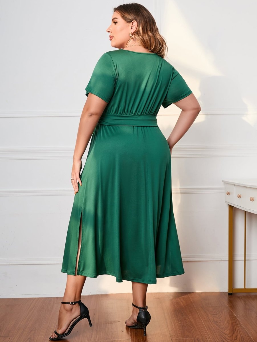 Honey Plus Size Short Sleeve Surplice Neck Midi Dress - Chicaboo