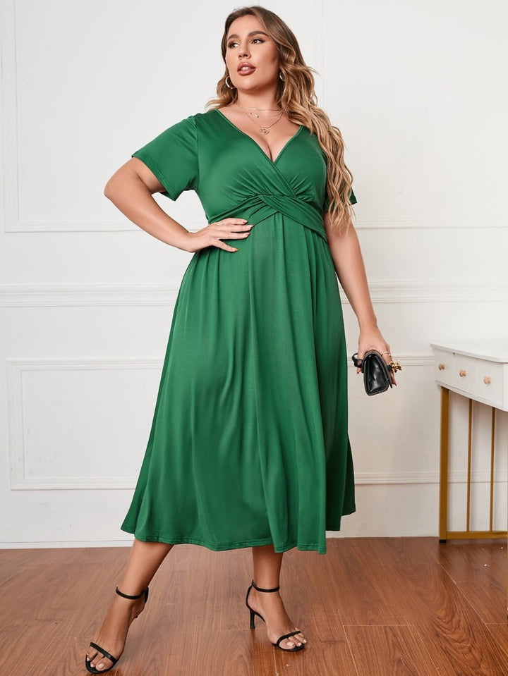 Honey Plus Size Short Sleeve Surplice Neck Midi Dress - Chicaboo