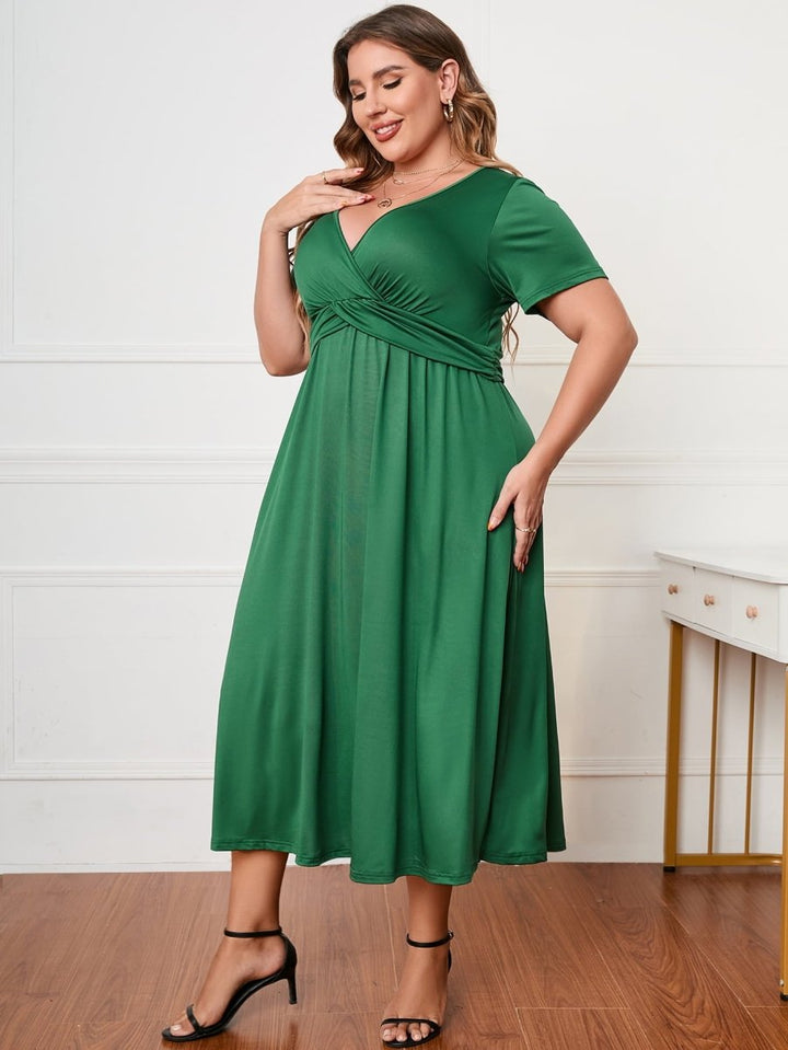 Honey Plus Size Short Sleeve Surplice Neck Midi Dress - Chicaboo