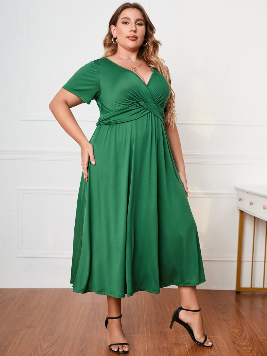 Honey Plus Size Short Sleeve Surplice Neck Midi Dress - Chicaboo