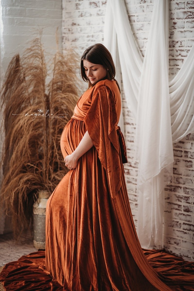 Iris Reversible Maternity Photoshoot Dress | Ginger Boho Velvet Gown, One Size - Chicaboo