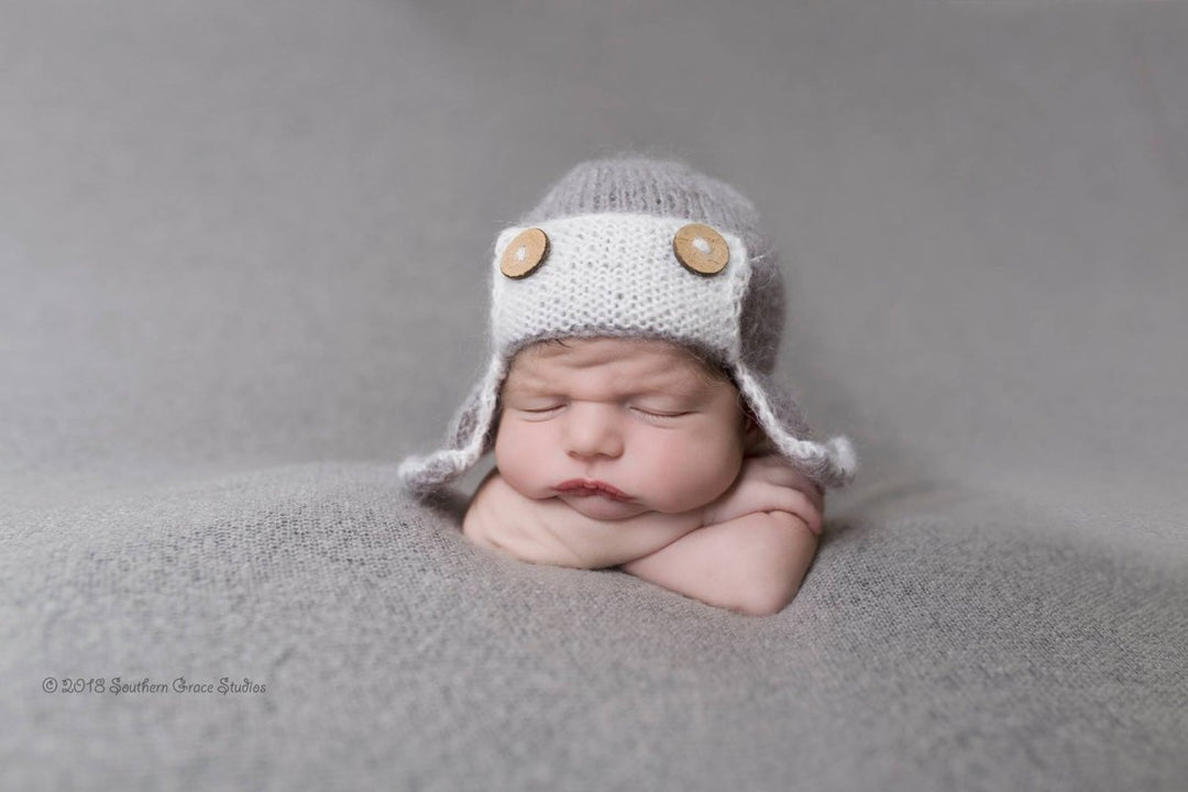 Knit Newborn Aviator Bonnet | Gray Photo Prop Hat - Chicaboo