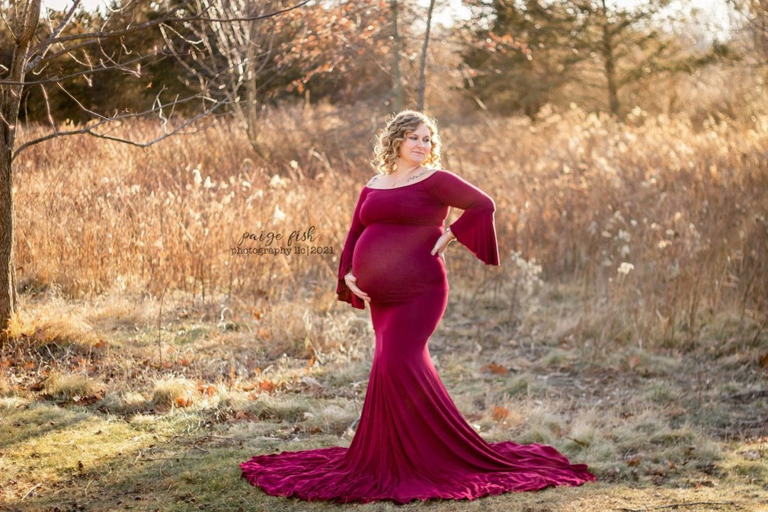 Merlot Signature Jersey {Juliet} Bell Sleeve Maternity Gown - Chicaboo