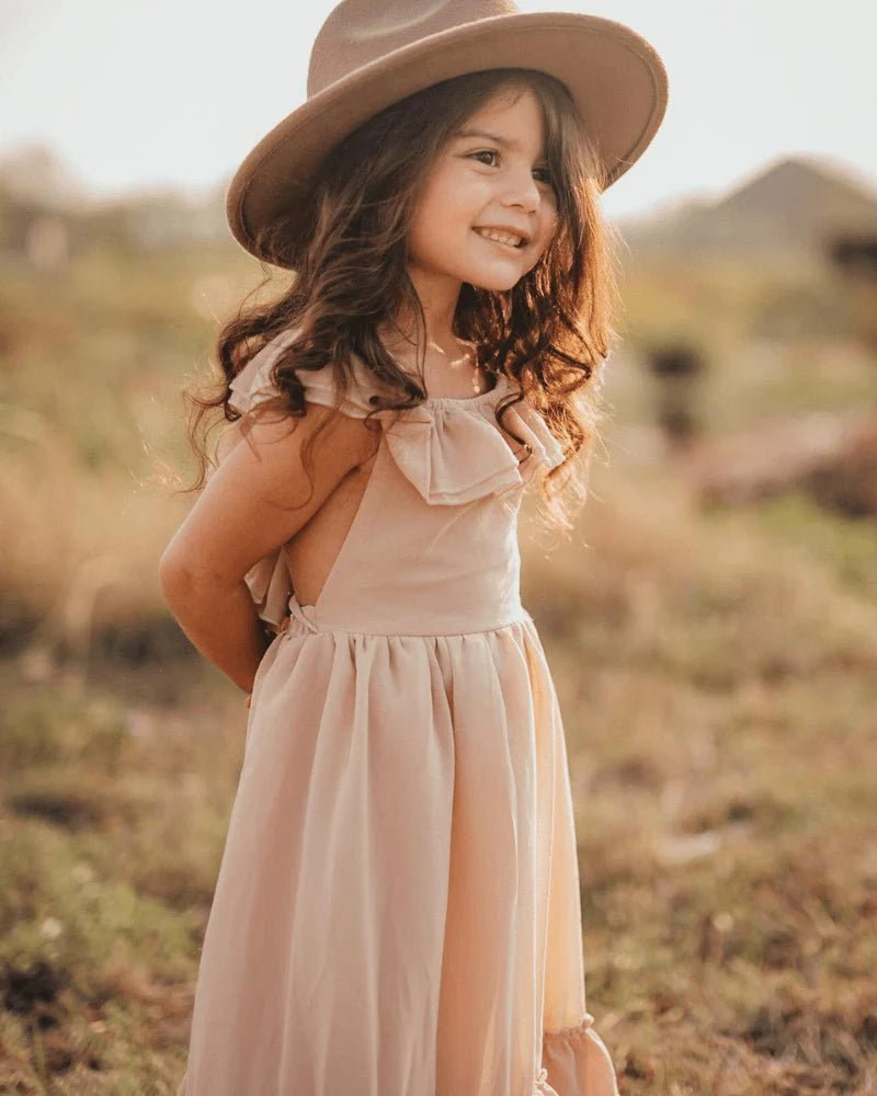 champagne ruffle maxi dress Bailey's Blossoms Nellie Ruffle Maxi Dress