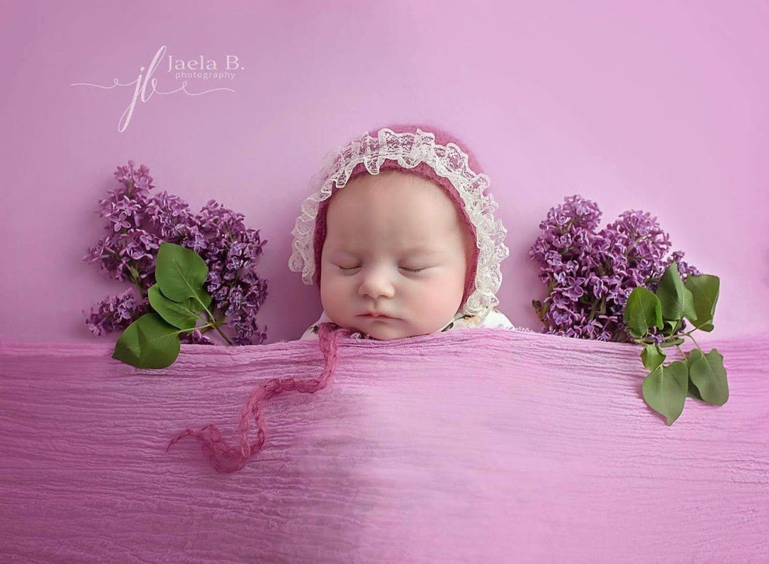 Newborn Knit Bonnet With Lace Trim Edge | Walnut Brown Or Eggplant Purple Hat Photo Prop - Chicaboo