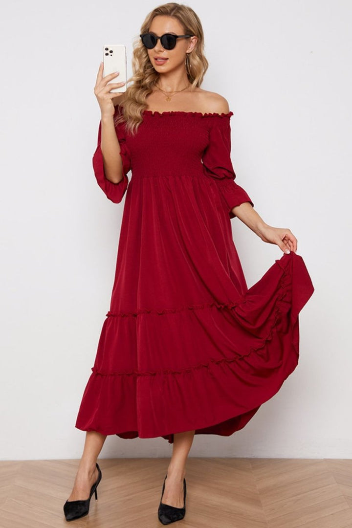 Off - Shoulder Flounce Sleeve Frill Trim Tiered Dress - Chicaboo