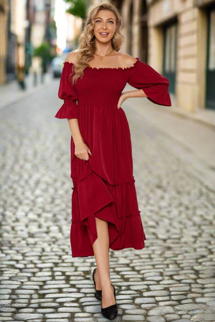 Off - Shoulder Flounce Sleeve Frill Trim Tiered Dress - Chicaboo