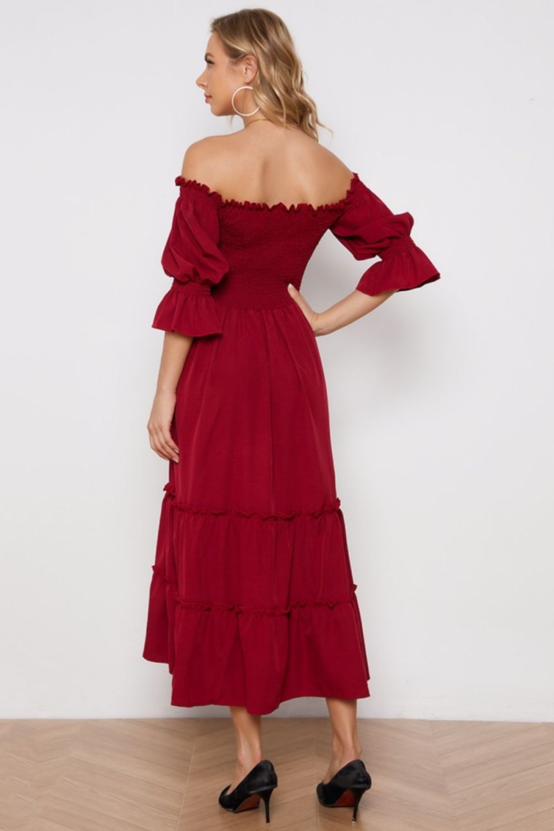 Off - Shoulder Flounce Sleeve Frill Trim Tiered Dress - Chicaboo