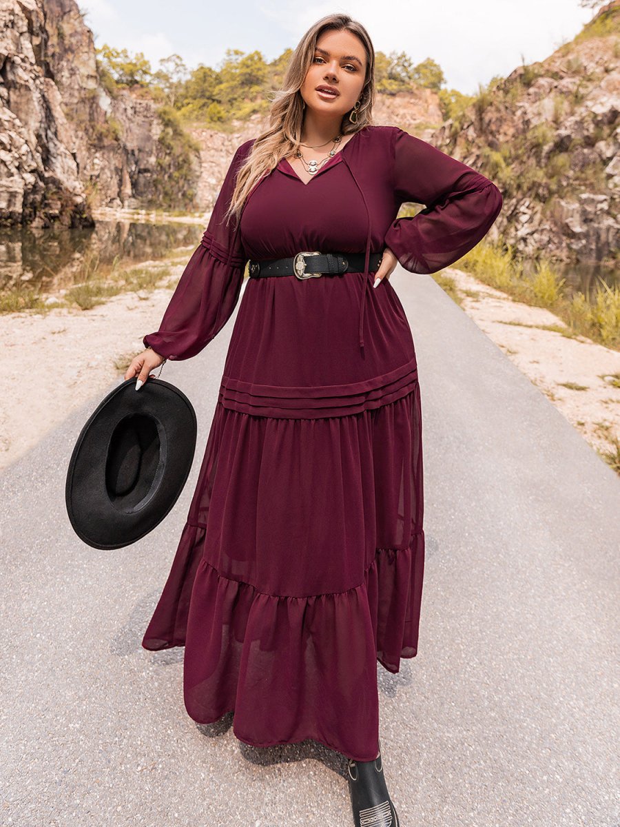 Plus Size Tie Neck Balloon Sleeve Tiered Dress - Chicaboo