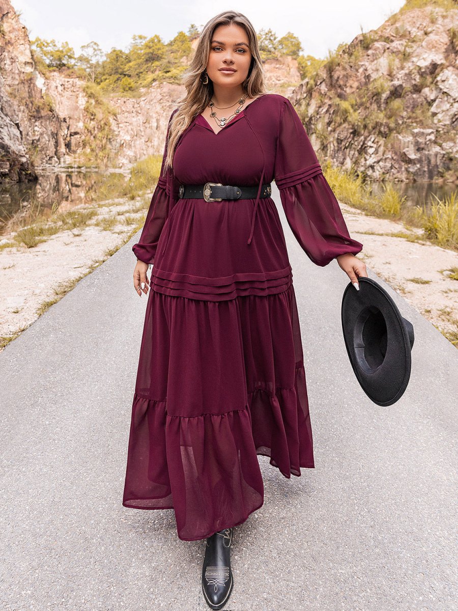 Plus Size Tie Neck Balloon Sleeve Tiered Dress - Chicaboo