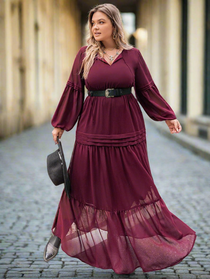 Plus Size Tie Neck Balloon Sleeve Tiered Dress - Chicaboo