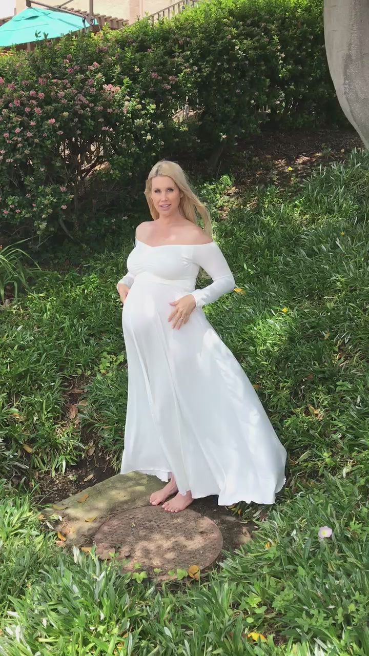 Serena Maternity Photoshoot Dress | Pearl Long Sleeve Jersey Gown, Convertible, One Size