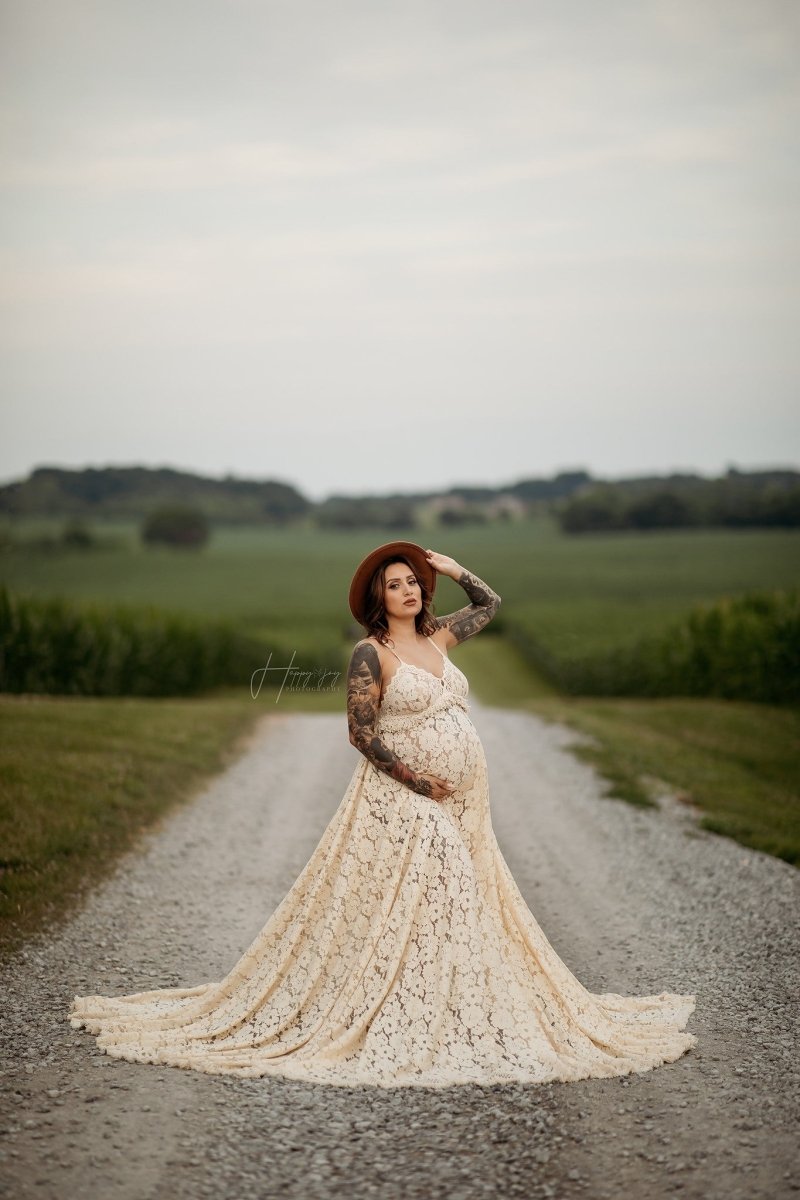 River Maternity Photoshoot Dress | Boho Beige Lace Gown, Unlined w/ Tr Chicaboo River Maternity Photoshoot Dress | Boho Beige Lace Gown, Unlined w/ Tr Chicaboo