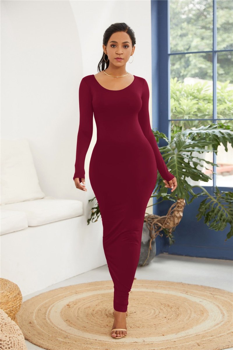 Round Neck Long Sleeve Maxi Wrap Dress - Chicaboo