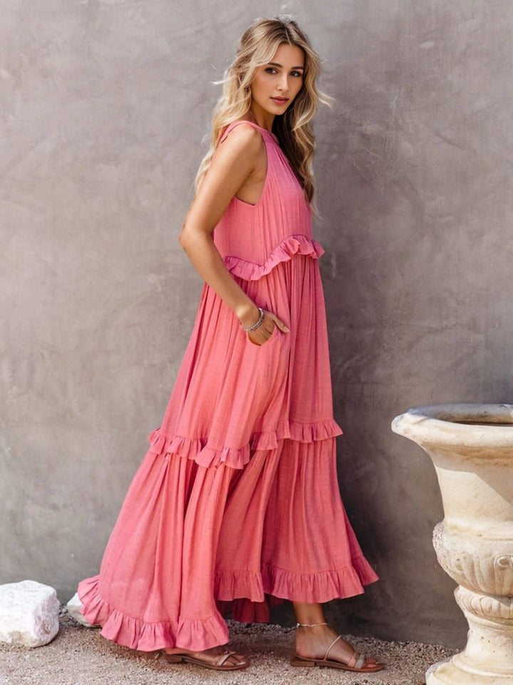 Ruffled Sleeveless Tiered Maxi Dress with Pockets - Chicaboo