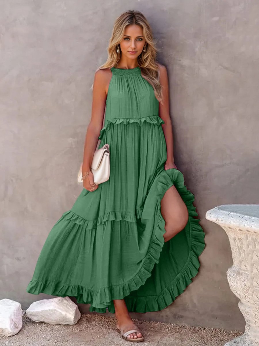 Ruffled Sleeveless Tiered Maxi Dress with Pockets - Chicaboo