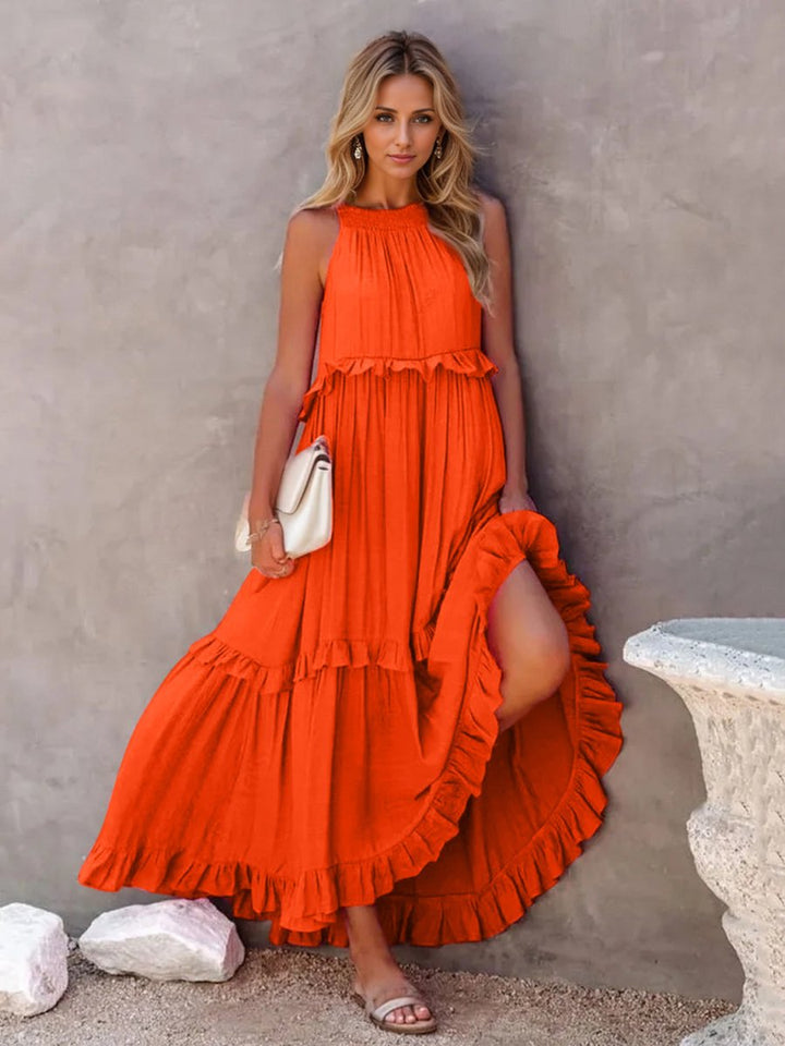 Ruffled Sleeveless Tiered Maxi Dress with Pockets - Chicaboo