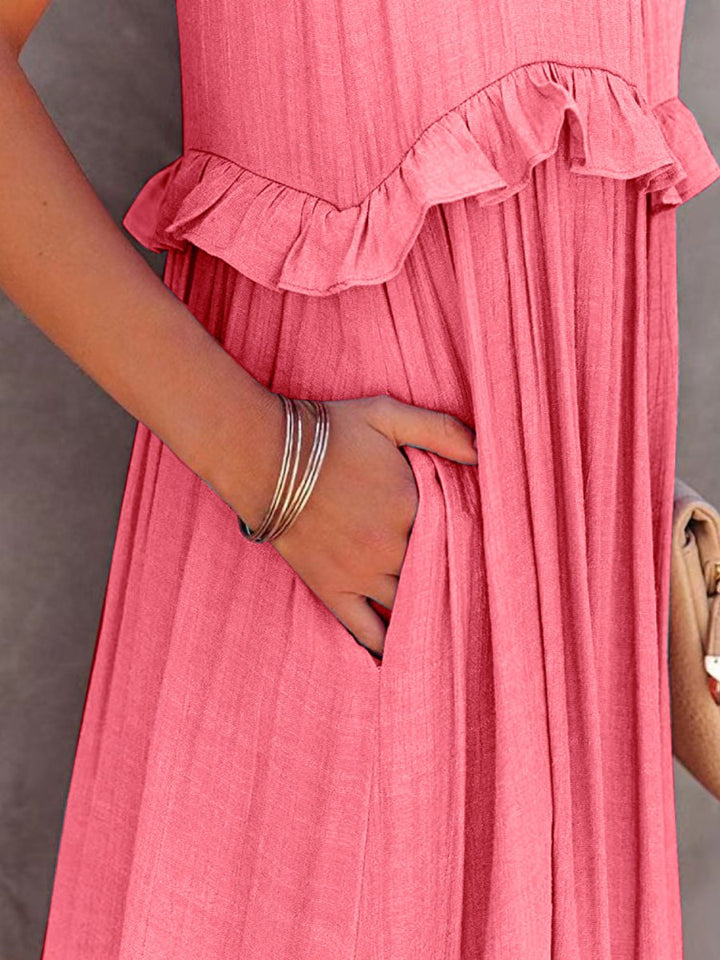 Ruffled Sleeveless Tiered Maxi Dress with Pockets - Chicaboo