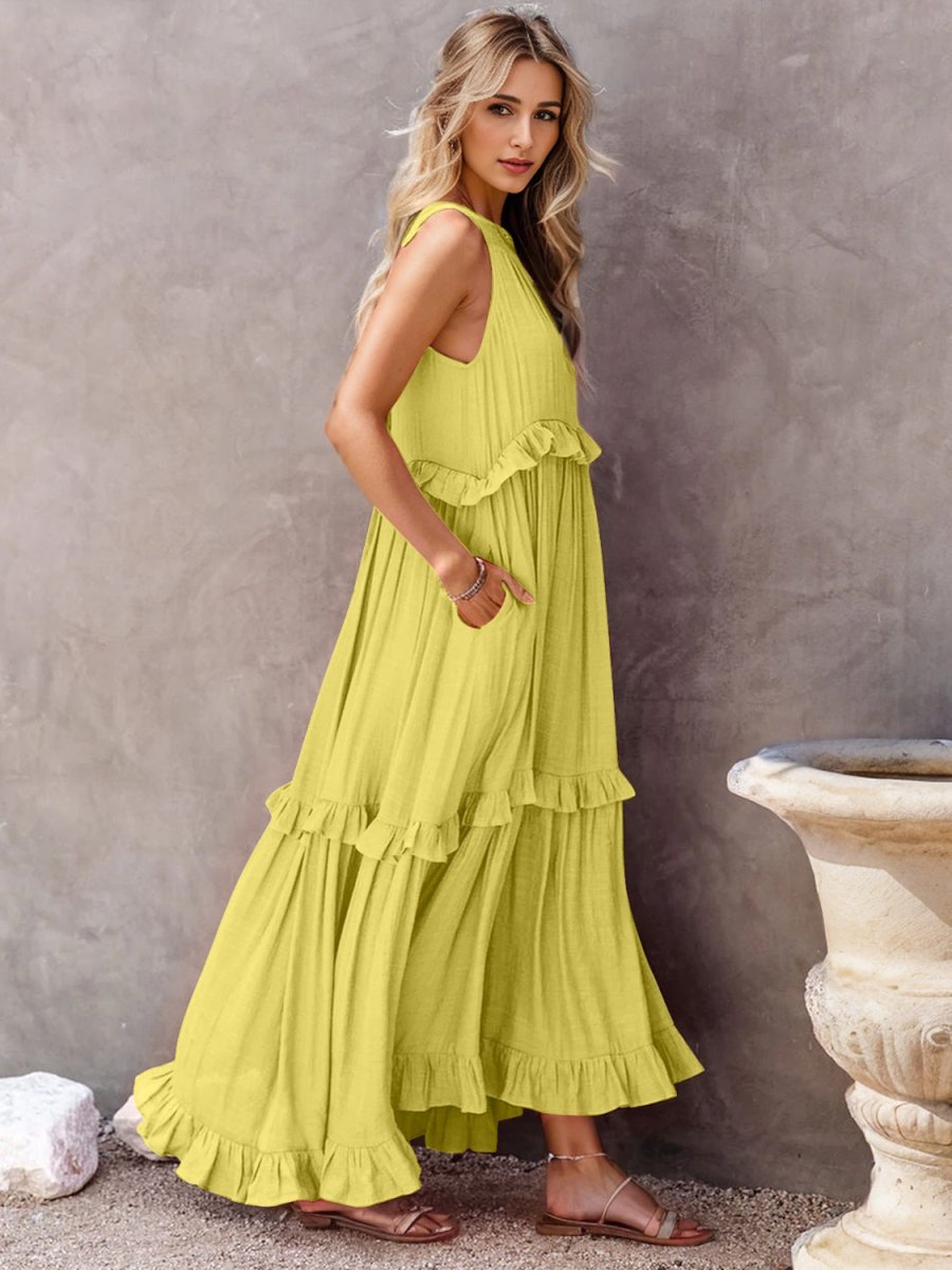 Ruffled Sleeveless Tiered Maxi Dress with Pockets - Chicaboo