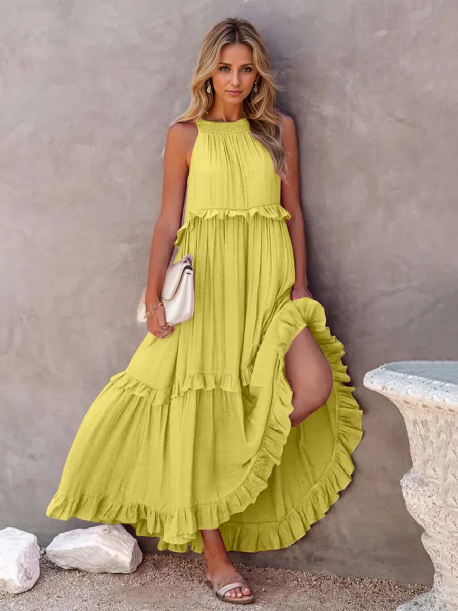 Ruffled Sleeveless Tiered Maxi Dress with Pockets - Chicaboo