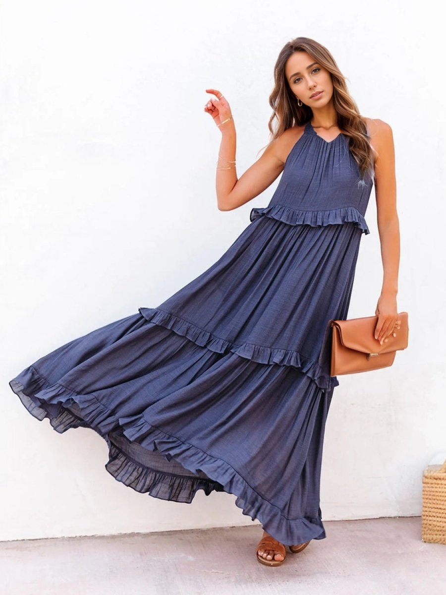 Ruffled Sleeveless Tiered Maxi Dress with Pockets - Chicaboo