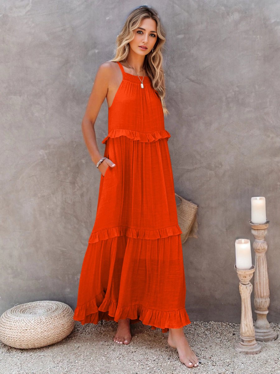 Ruffled Sleeveless Tiered Maxi Dress with Pockets - Chicaboo