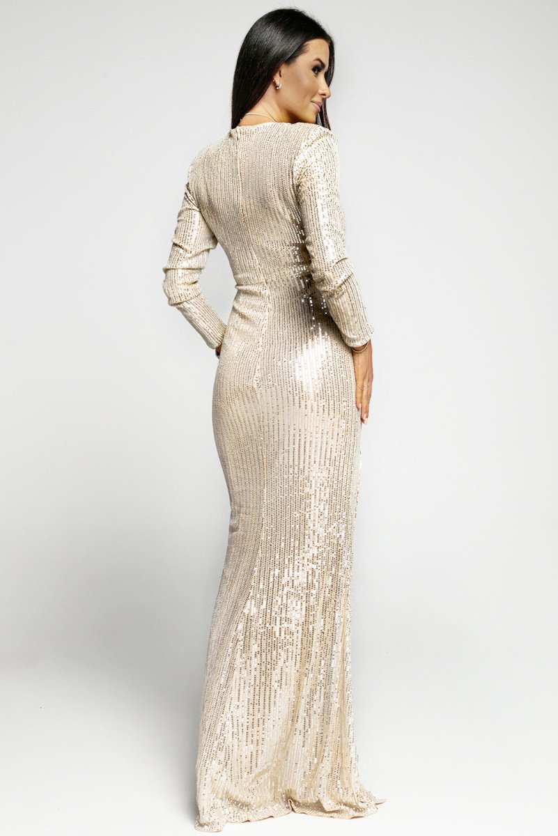 Sequin Cutout Ruched Split Long Sleeve Maxi Dress - Chicaboo