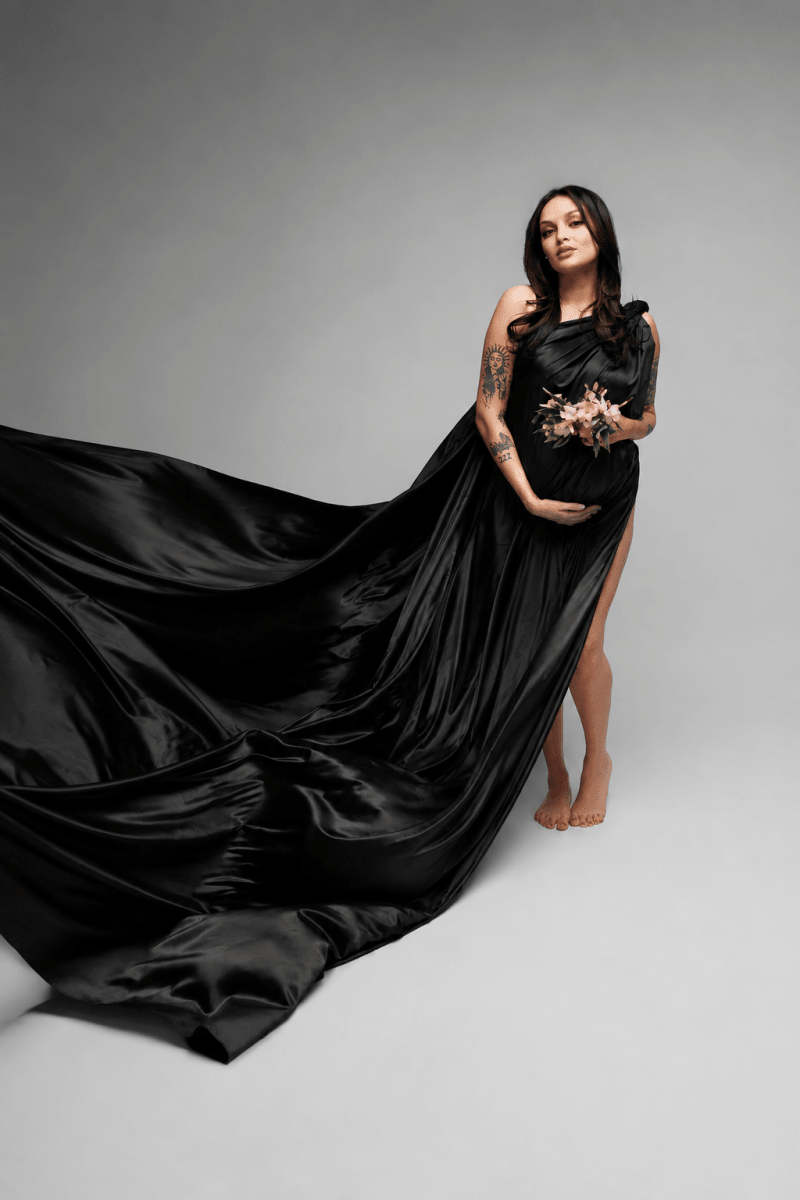 Silky Maternity Drape Fabric| Black Faux Silk Tossing Scarf w/ Sewn Edge 5 yards - Chicaboo