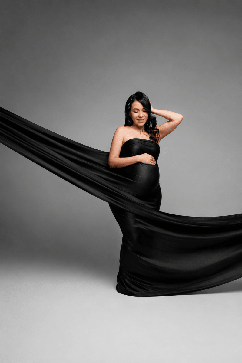 Silky Maternity Drape Fabric| Black Faux Silk Tossing Scarf w/ Sewn Edge 5 yards - Chicaboo