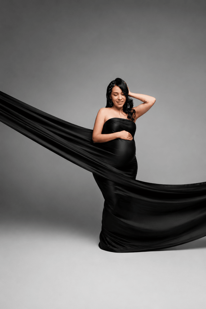 Silky Maternity Drape Fabric| Black Faux Silk Tossing Scarf w/ Sewn Edge 5 yards - Chicaboo