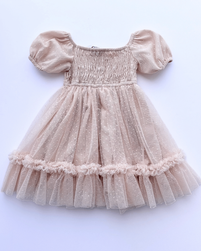Smocked Dots Tulle Dress - Champagne - Chicaboo