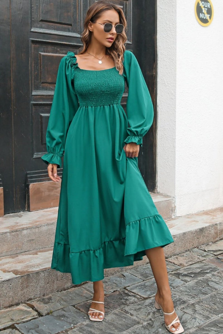 Smocked Ruffle Hem Flounce Sleeve Dress - Chicaboo