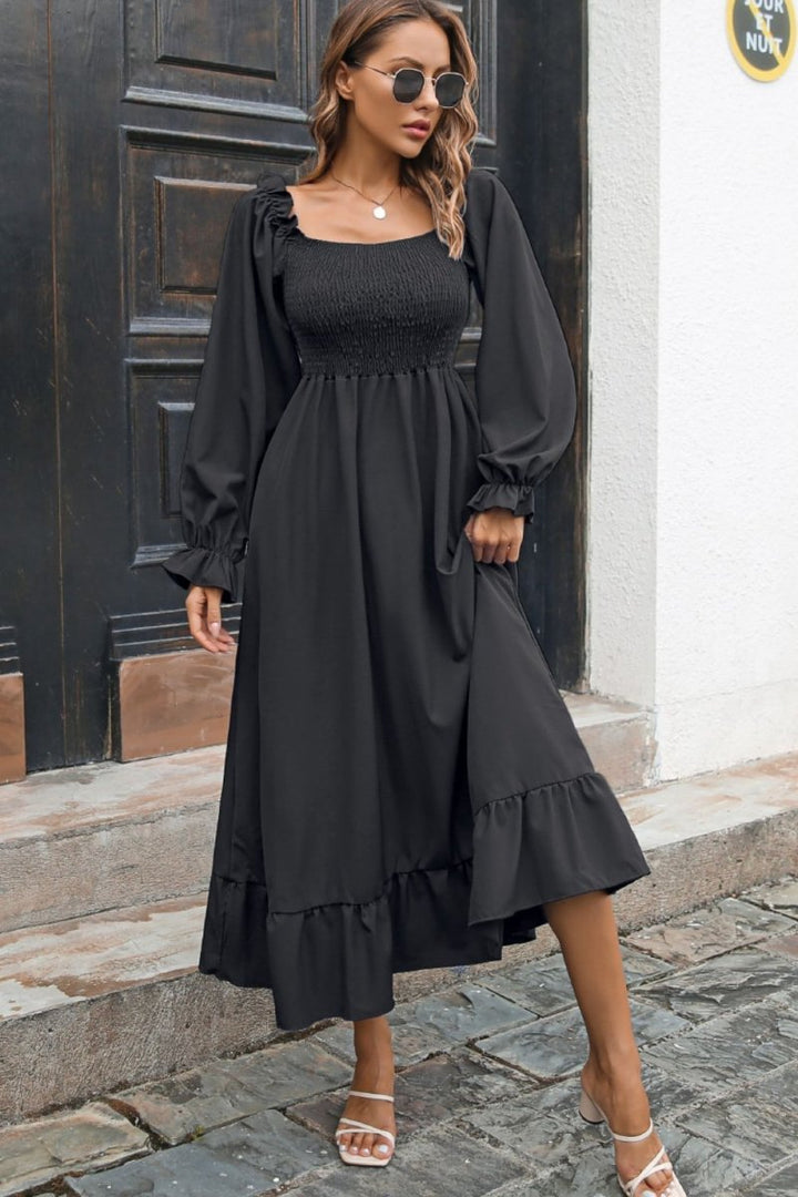 Smocked Ruffle Hem Flounce Sleeve Dress - Chicaboo