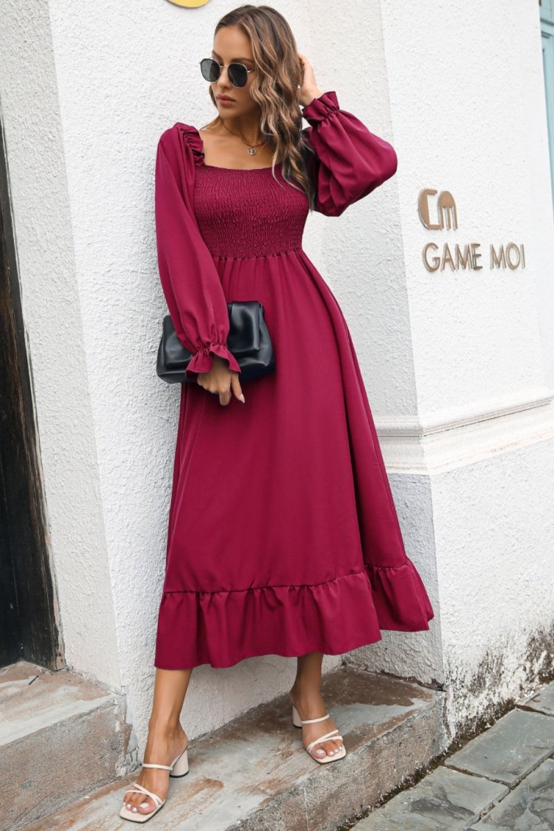 Smocked Ruffle Hem Flounce Sleeve Dress - Chicaboo