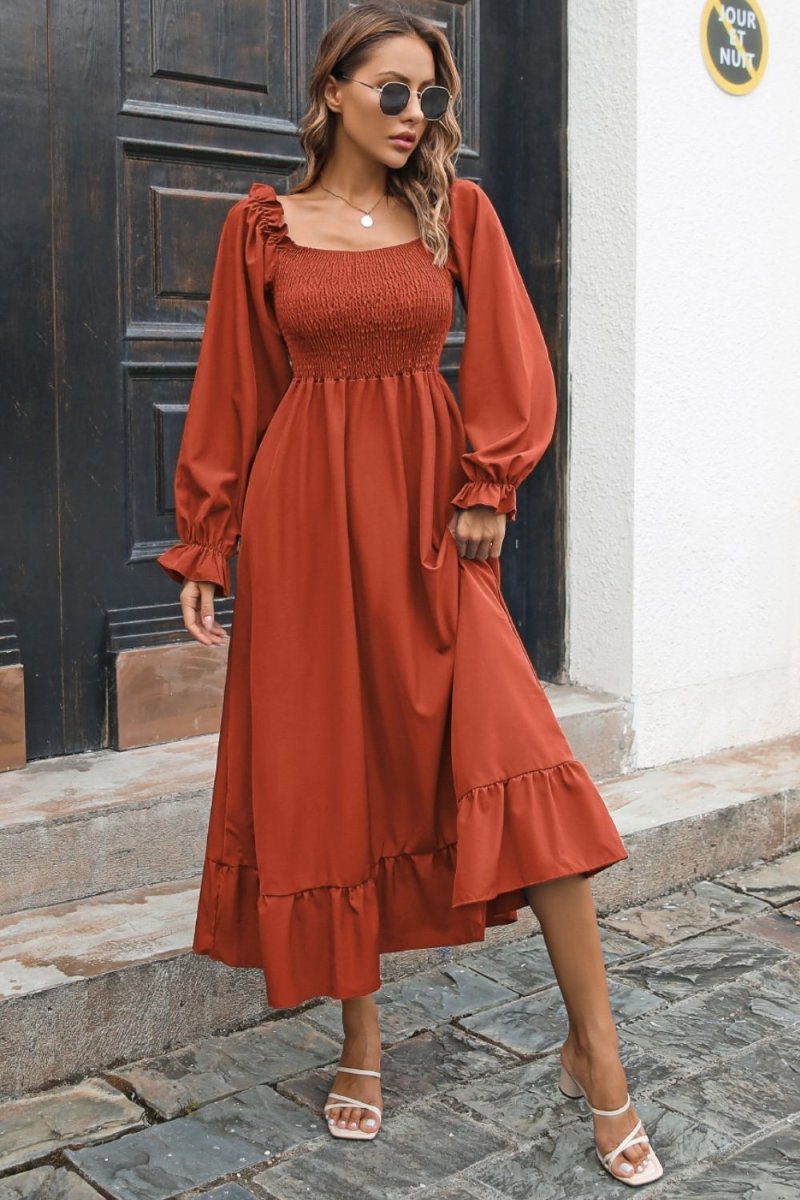 Smocked Ruffle Hem Flounce Sleeve Dress - Chicaboo