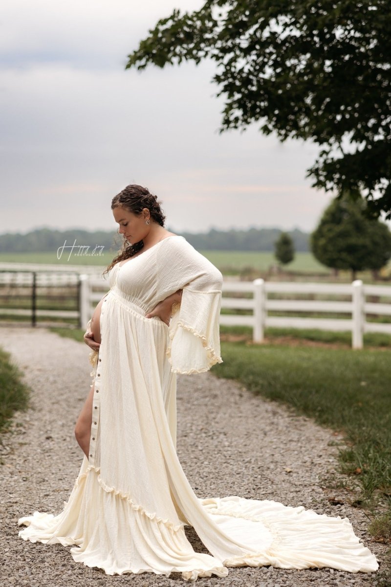 Aspen Boho Maternity Photoshoot Dress | Oatmeal Linen, Side Slits, One Chicaboo Aspen Boho Maternity Photoshoot Dress | Oatmeal Linen, Side Slits, One Chicaboo