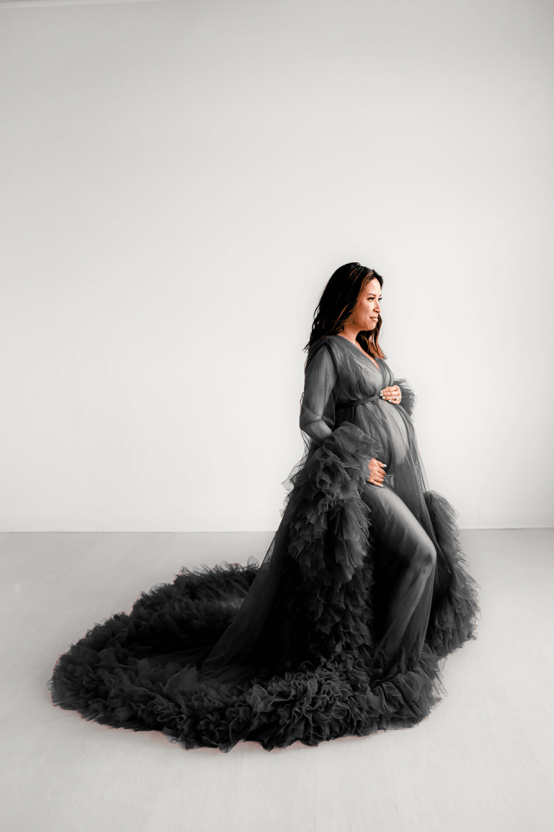 STEAL! Black Etta Maternity Photoshoot Robe | Ruffled Tulle Robe for Boudoir, Wedding, & Pregnancy Photos - Chicaboo