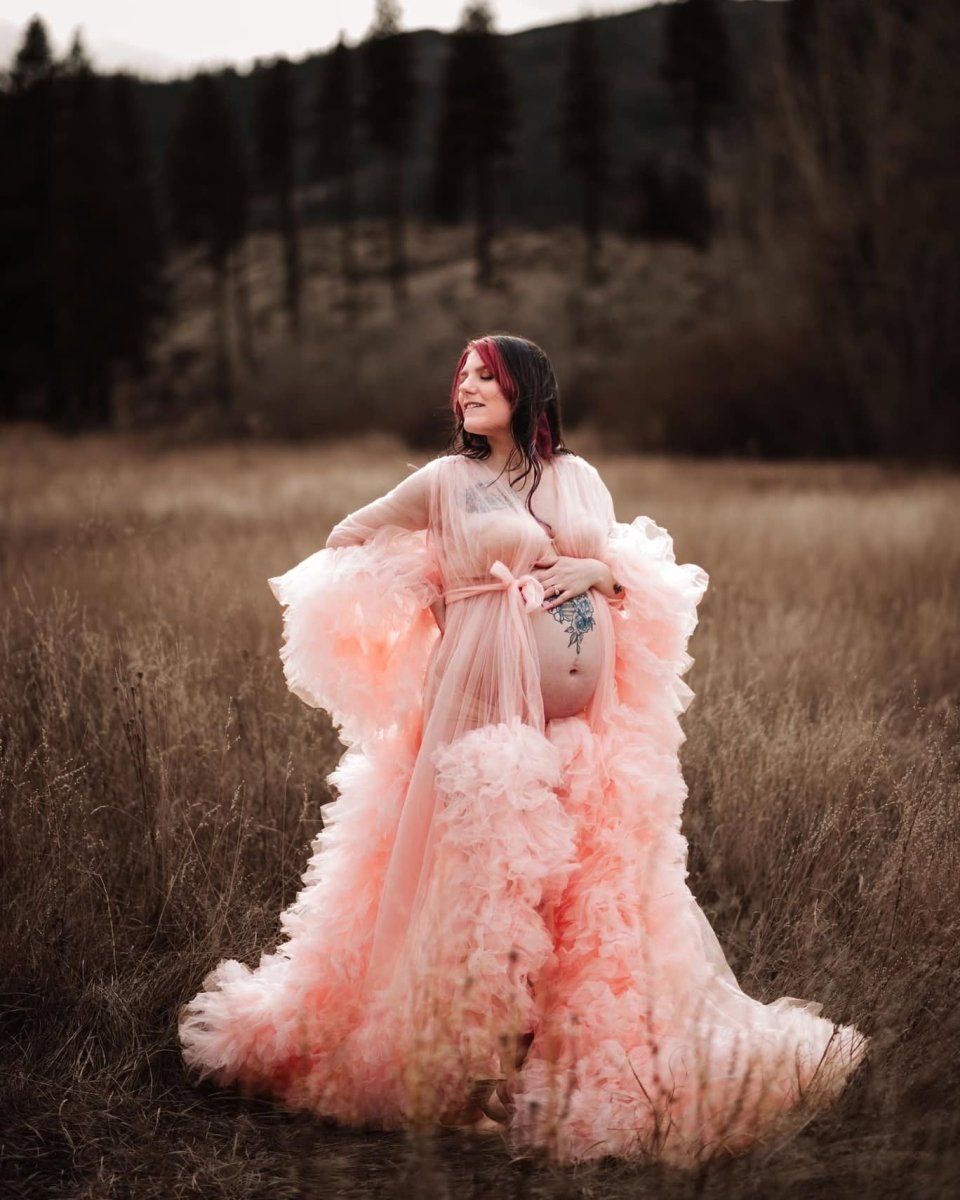 STEAL! Blush Pink Etta Maternity Photoshoot Robe | Ruffled Tulle Robe for Boudoir, Wedding, & Pregnancy Photos - Chicaboo