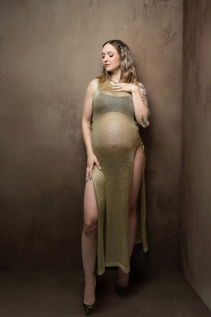 Super Stretchy Metallic Sweater Knit Lace up Photoshoot Dress in Gold | Sheer Midi - Length Maternity Dress for Boudoir (Copy) - Chicaboo