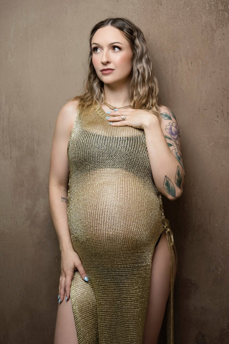 Super Stretchy Metallic Sweater Knit Lace up Photoshoot Dress in Gold | Sheer Midi - Length Maternity Dress for Boudoir (Copy) - Chicaboo