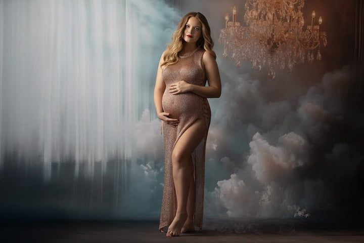 Super Stretchy Metallic Sweater Knit Lace up Photoshoot Dress in Rose Gold | Sheer Midi - Length Maternity Dress for Boudoir - Chicaboo