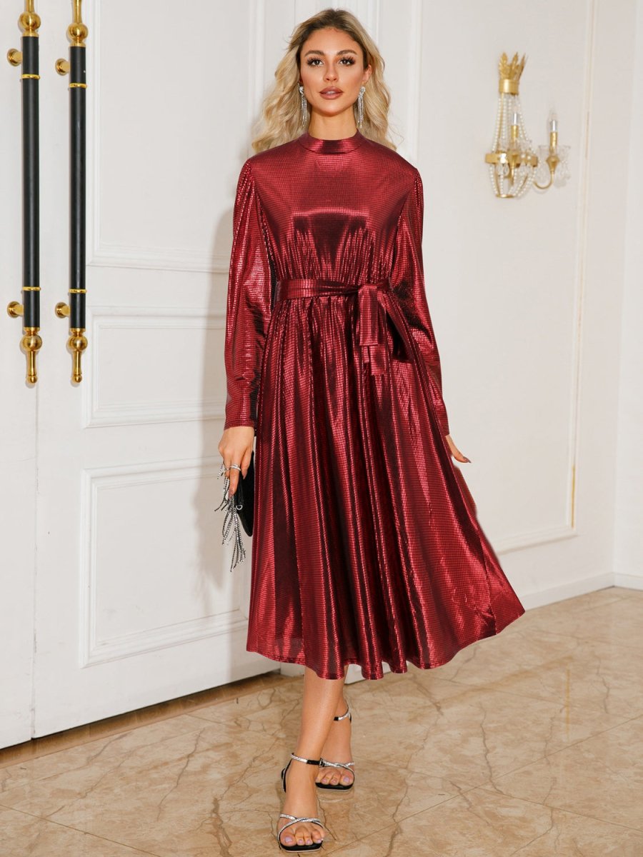 Tie Waist Long Sleeve Midi Dress - Chicaboo