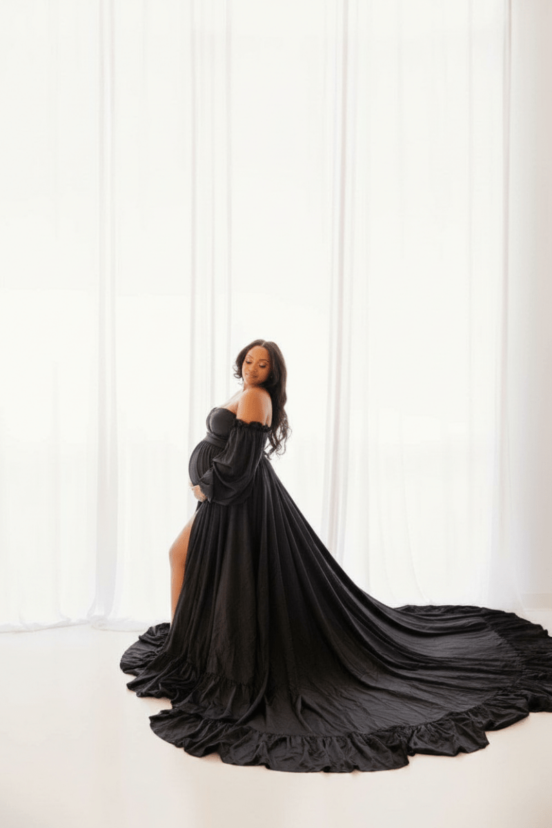 Wren Maternity Photoshoot Gown | Black Satin Flowy Dress, Corset Back, Split Belly, One Size | Long Train - Chicaboo