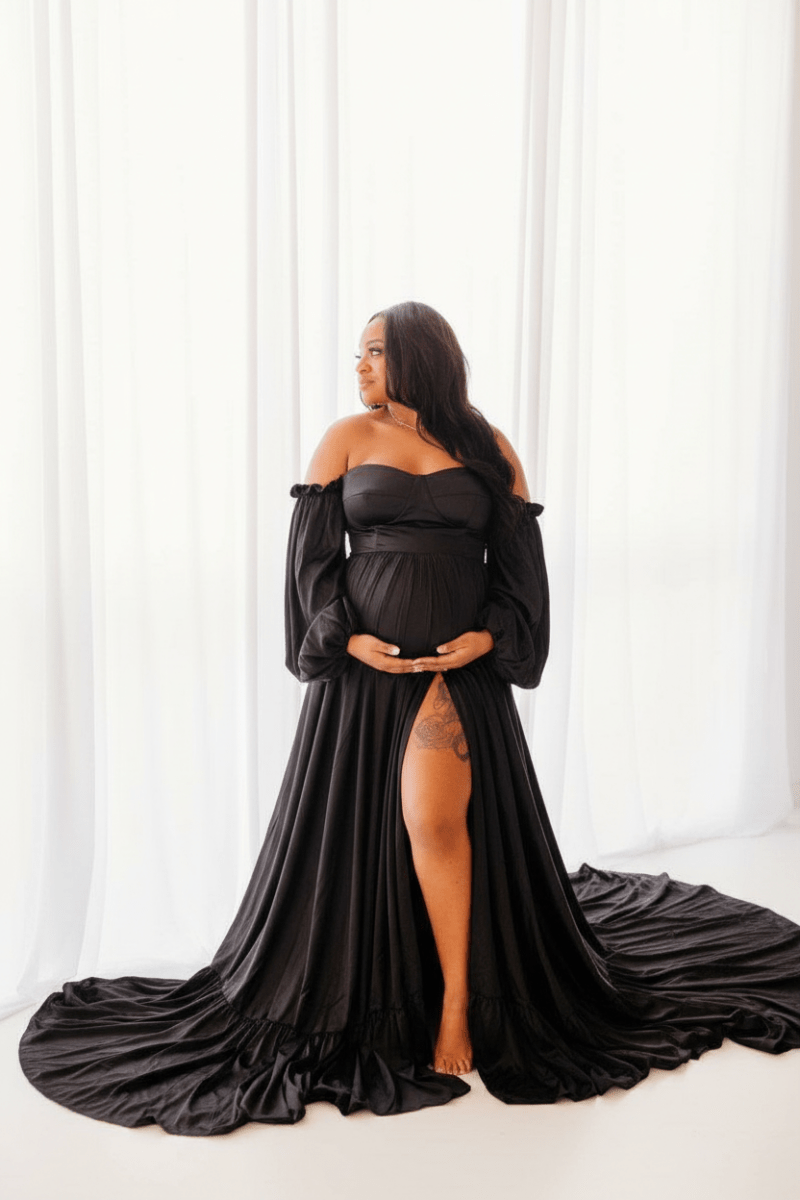 Wren Maternity Photoshoot Gown | Black Satin Flowy Dress, Corset Back, Split Belly, One Size | Long Train - Chicaboo