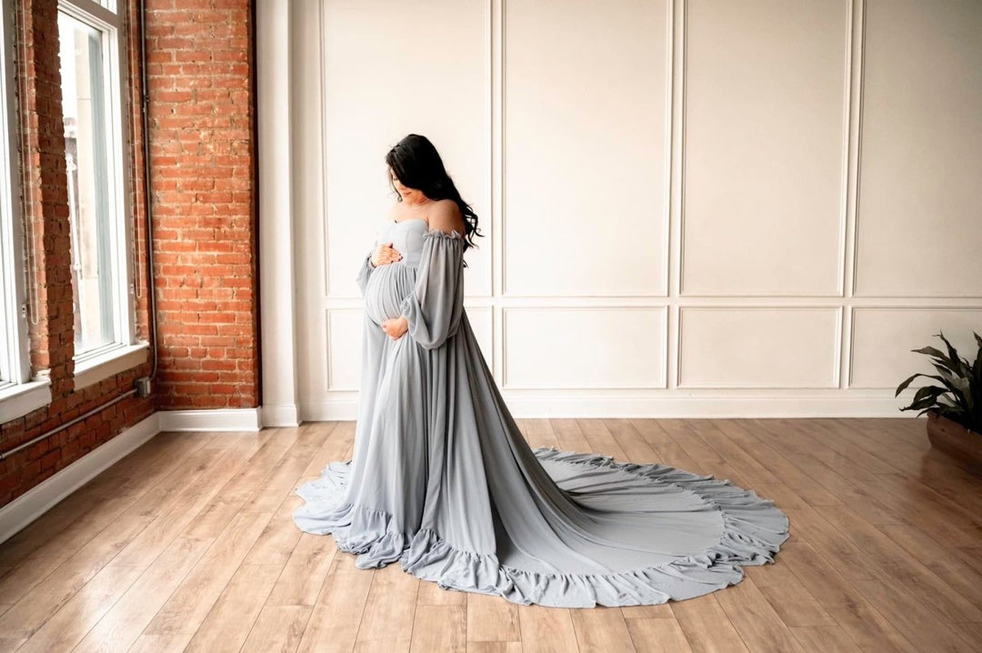 Wren Maternity Photoshoot Gown | Choose Color, Chiffon Dress, Corset Back, Split Belly, One Size - Chicaboo