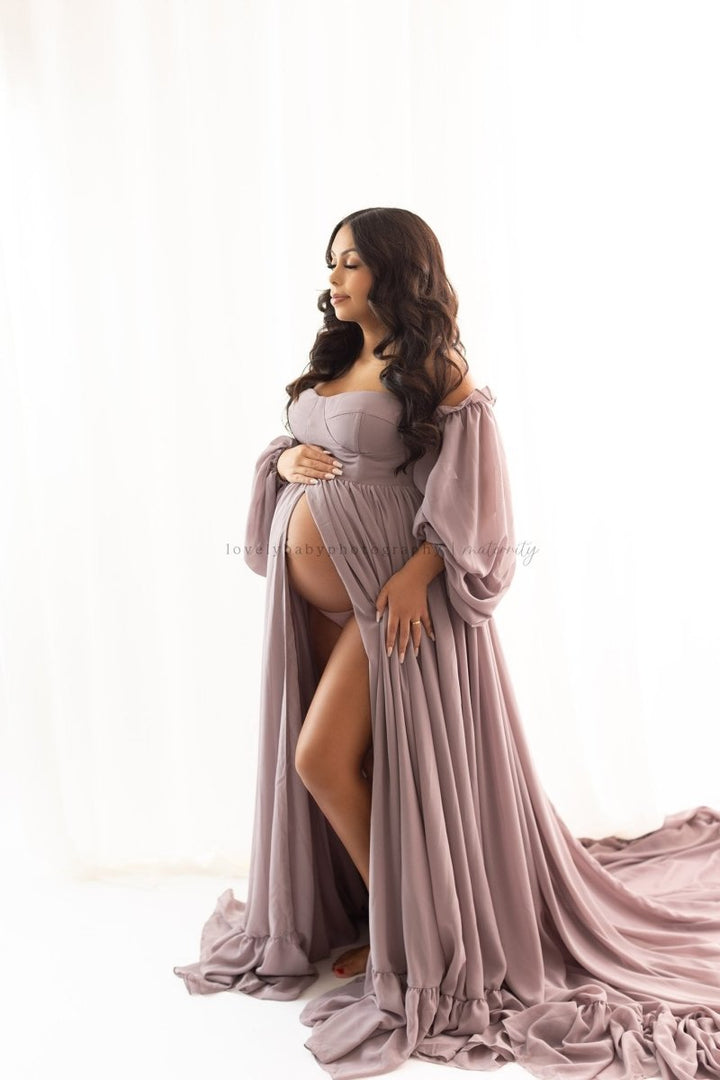 Wren Maternity Photoshoot Gown | Dusty Amethyst , Chiffon Dress, Corset Back, Split Belly, One Size - Chicaboo